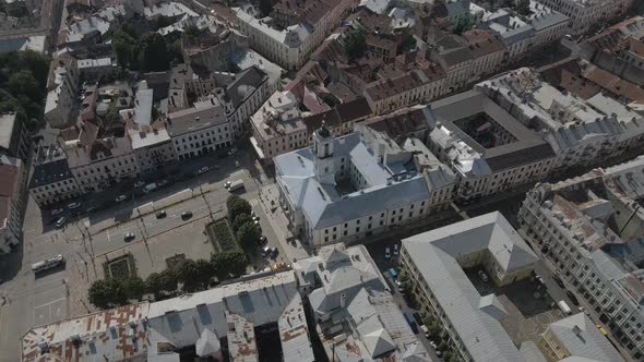 Drone View of the Streets of Chernivtsi and the Theatre of Music and Drama