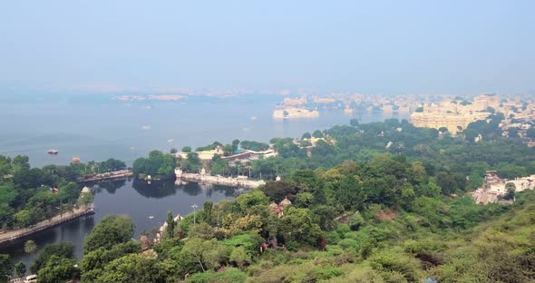 Aerial View of Lake Pichola with Lake Palace Jag Niwas and Udaipur City