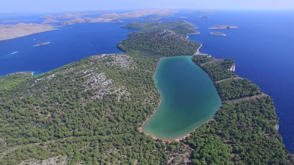 Flying above the famous salty lake on the Croatian shoreline