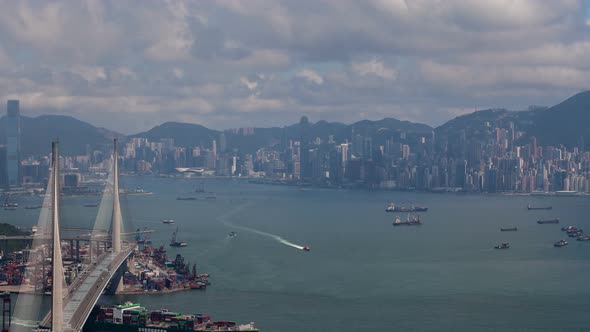 Hong Kong Urban Cityscape Aerial Skyline Panorama Timelapse at Day Pan Up