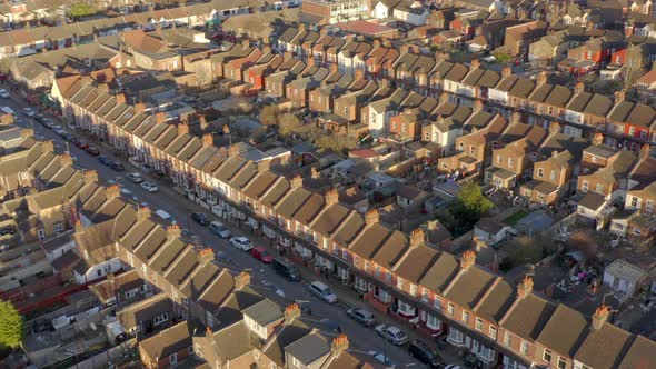 Terraced Working Class Housing in Luton Aerial View at Sunset