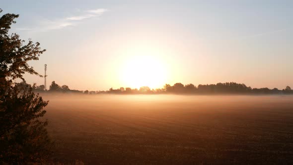 Field in Fog at Sunrise Wonderful Morning Sunrise Natural Landscape Aerial View