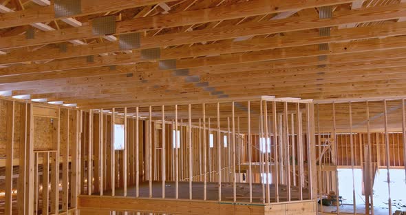 Beams Roof Trusses Frame an Interior View of a Framed Building Construction