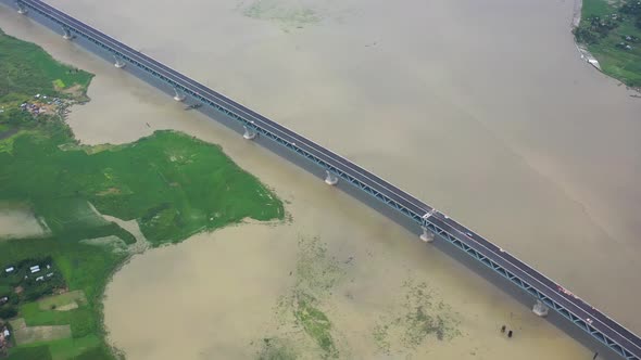 Aerial view of Padma bridge, over the Padma river by day, Dhaka, Bangladesh.