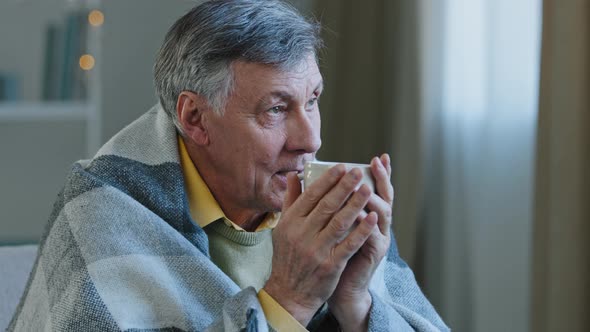 Close Up Portrait of Pensive Mature Old Man Wrapped in Warm Blanket Drinking Hot Tea Calm