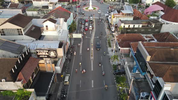 Aerial view of Tugu Yogyakarta Landmark with busy traffic.