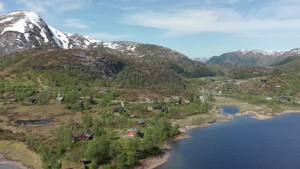 Forwarding aerial of small recreational homes and huts at Berge in Bergsdalen - Norway Vaksdal