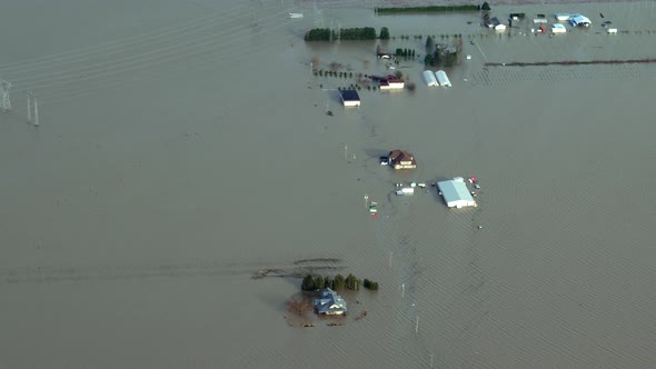 Houses In Abbotsford Submerged In Floodwater. Catastrophe In British Columbia, Canada. aerial