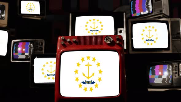 Flag of Rhode Island on Retro TVs. 4K.