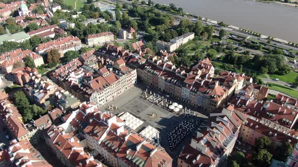 Flying over Warsaw Old Town Market Place, Poland, Europe