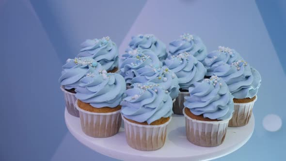 Blue Cupcakes Stand on a Stand at a Children's Party