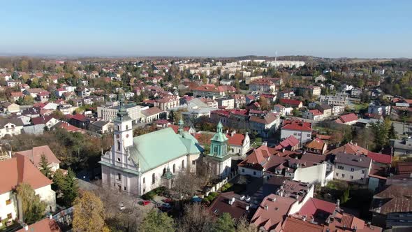 Flying over Wieliczka town near Krakow city in Poland