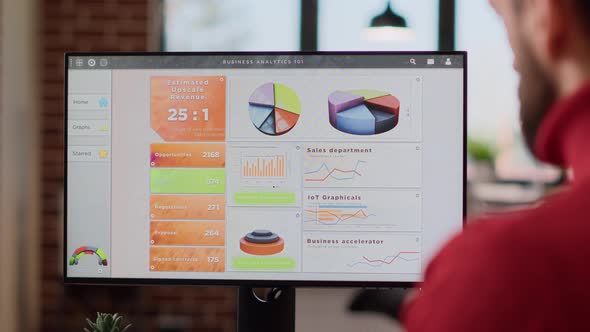 Office Worker Analyzing Business Charts and Graphs on Monitor