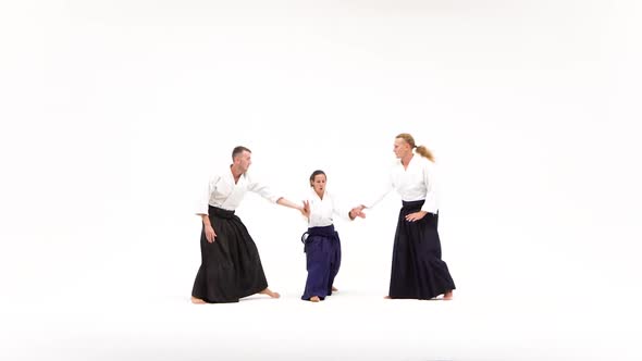 Two Men and Woman Demonstrating Aikido Techniques, Isolated on White