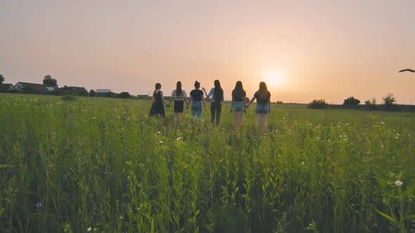 Girls Friends are Holding Hands at Sunset in the Field