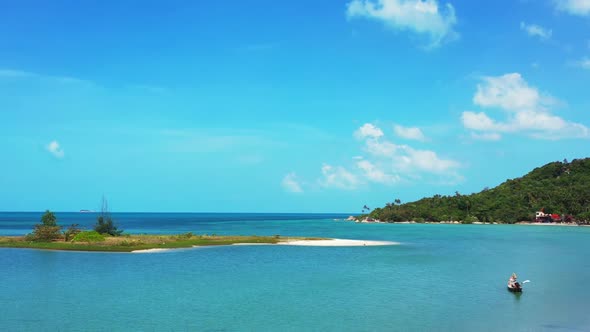 Aerial landscape of marine coast beach voyage by blue sea and white sand background of a picnic near