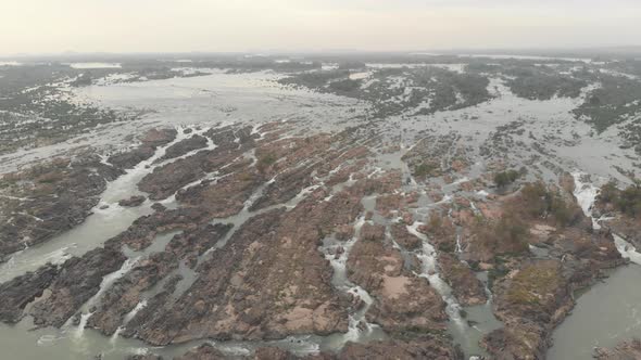 Aerial: flying over Don Det and the 4000 islands Mekong River in Laos