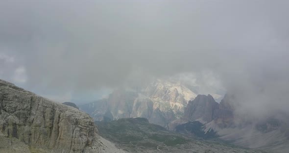 Aerial drone view of fog and foggy landscapes in the mountains.