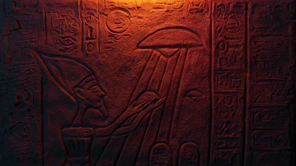 UFO Egyptian Wall Art Lit Up With Fire