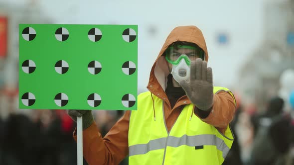 Man Gas Mask Hand Gesture. Stop Environmental Pollution. People Looking Camera