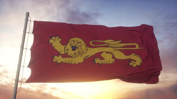 Aquitaine Flag France Waving in the Wind Sky and Sun Background