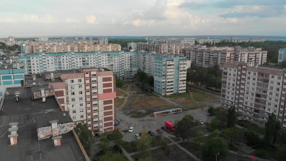 Aerial Panorama on Dwelling Blocks with Multistory Colorful Buildings at Nature