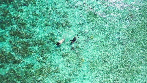 Wide aerial copy space shot of a white sandy paradise beach and blue ocean background in 4K