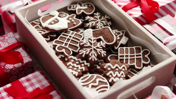 Delicious Fresh Christmas Decorated Gingerbread Cookies Placed in Wooden Crate