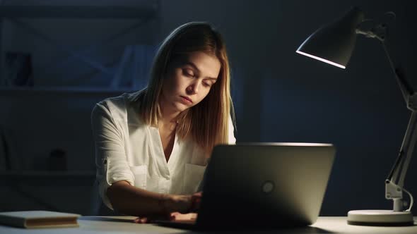 Overwork Fatigue Woman Falling Asleep Laptop Night