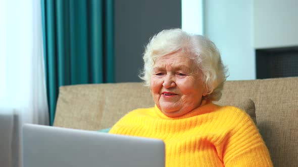 Portrait of Old Smiling Lady Looking at Laptop and Talking with Family By Online Video Call