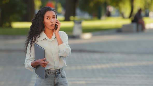 Confident Successful Business Woman Young Girl Freelancer Student Female Manager Stands in City