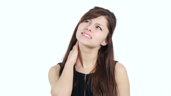 Tired Young Girl with Neck Pain, White Background