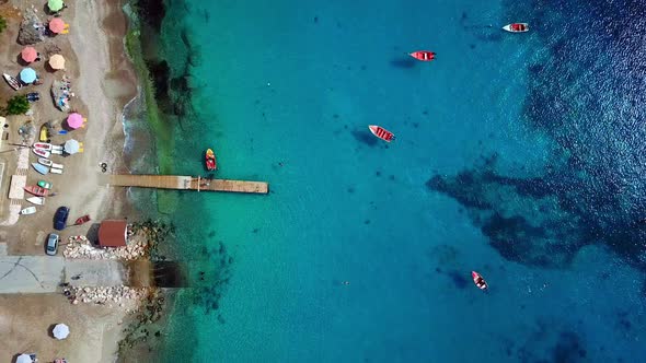 Overhead boom down view of the shore of Forti Beach in Westpunt, Dutch island of Curacao, Caribbean