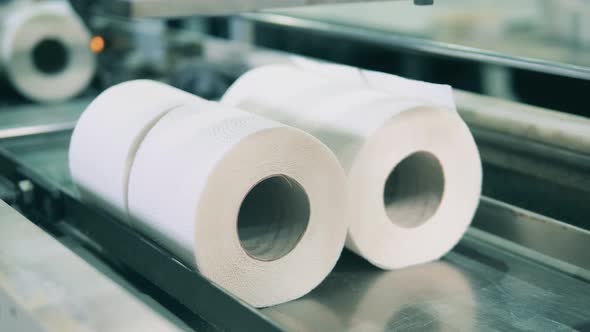 Close Up Shot of Moving Toilet Paper Rolls at a Paper Mill