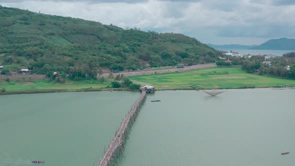 Aerial view of Ong Cop Bamboo Bridge in Song Cau, Phu Yen province