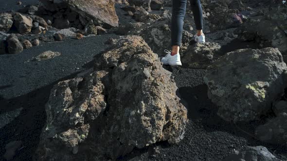 Closeup Shot of Woman Traveler Walks Through the Lava Field Around Chinyero Volcano in the Teide