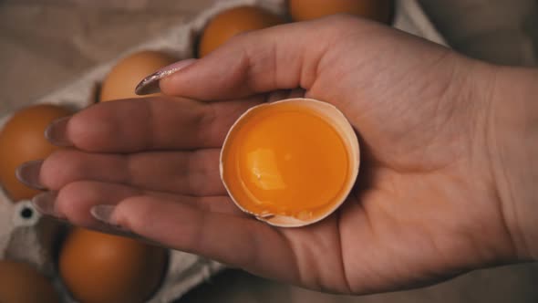 Female Hand Holds a Broken Chicken Egg