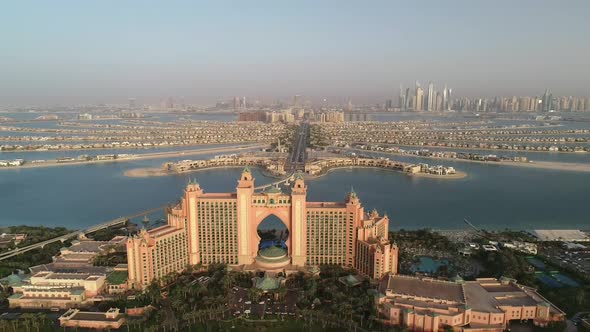 Aerial view of Atlantis the palm resort and Palm Jumeirah, Dubai, UAE.