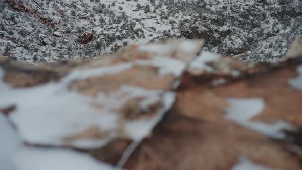 Cinematic Slow Motion Pan of Snow Covered Canyon.