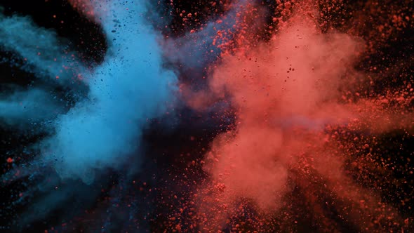 Colorful powder/particles fly after being exploded against black background. Slow Motion. alt