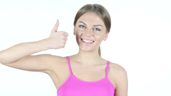 Thumbs Up By Beautiful Woman, White Background