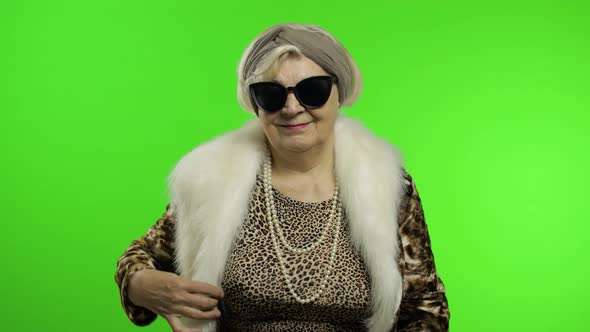 Elderly Stylish Trendy Grandmother. Caucasian Woman Posing. Chroma Key