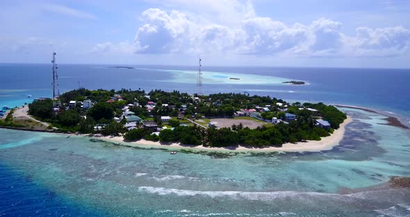 Beautiful above tourism shot of a summer white paradise sand beach and aqua blue water background in