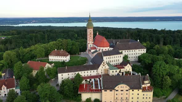 Aerial view of Andechs Abbey in Bavaria, Germany