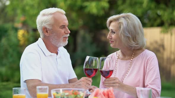 Old Couple Celebrating Anniversary, Drinking Wine, Everlasting Love Relations