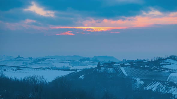 Time lapse at sunset: famous Barolo wine yards, Italy