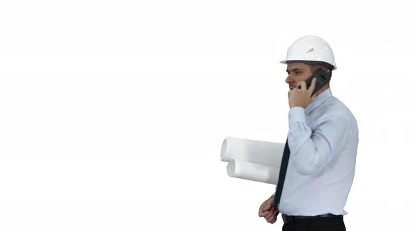 Engineer Talking on Phone with Paperwork on White Background