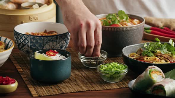 Japanese Ramen with Beef or Chicken Rice Noodles with Fried Meat Tom Yam Kung Spicy Thai Asian Soup