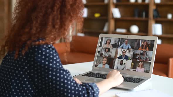 Virtual Meeting with Group of Diverse People Young Woman Glad to Meet Coworkers