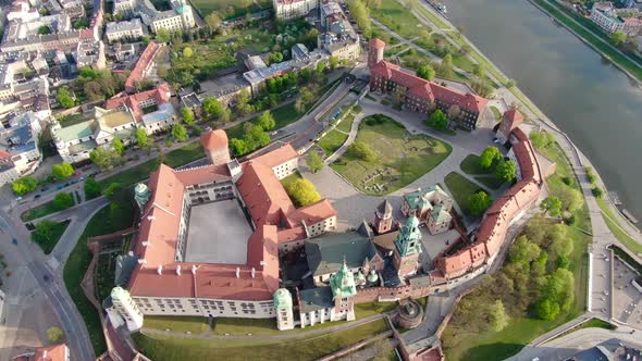 Aerial footage of Wawel Royal Castle in Cracow, Krakow, Poland, Polska